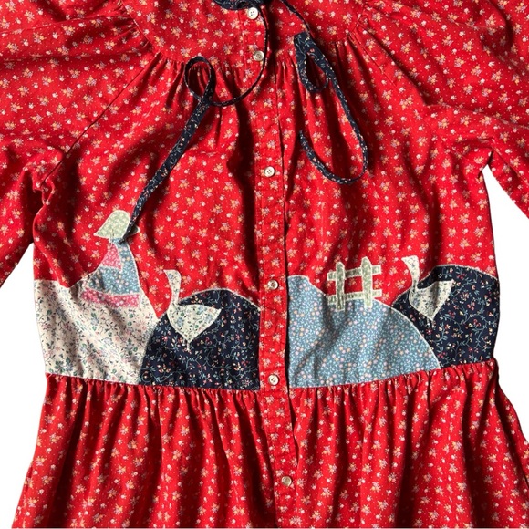 70s Vintage Red Calico Print Dress / Duster / Jacket - Picture 2 of 5